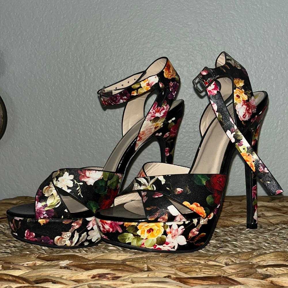 Size 7, floral heels. Worn once to wedding.